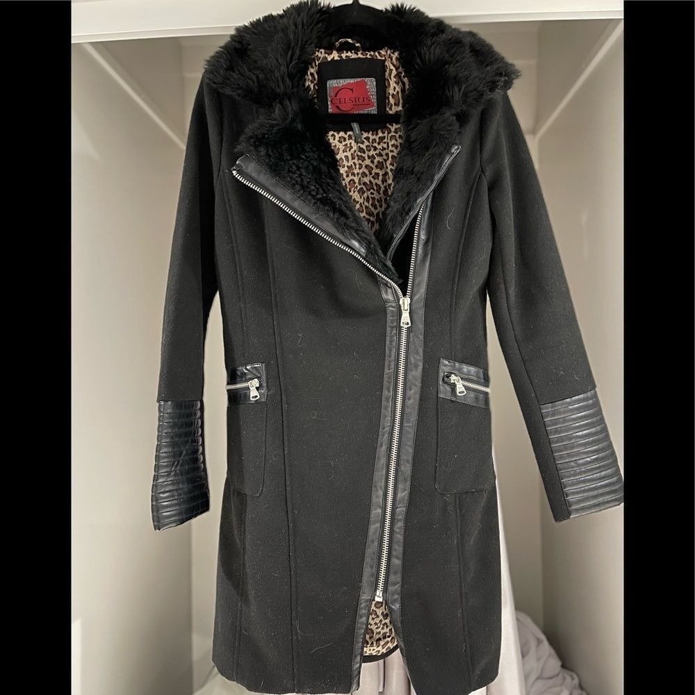 Celsius premium long coat with pleather and faux fur trim